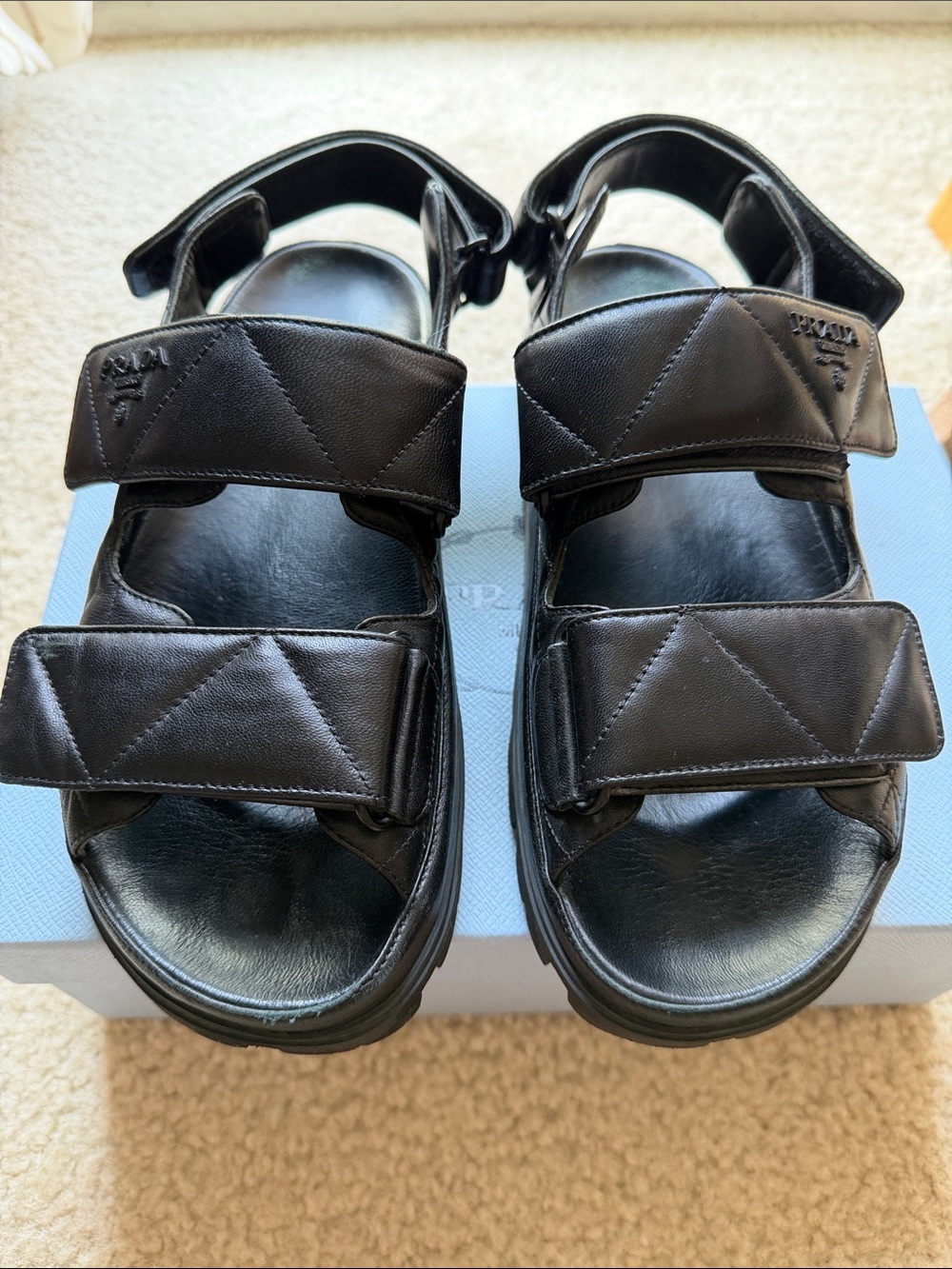 Prada Black Quilted Leather Velcro Sandals